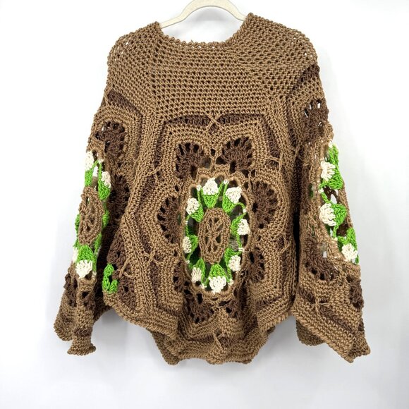 Handknit Crochet Poncho For Women/ Green and Brown Rustic Boho Crochet Shawl Han - Picture 8 of 9